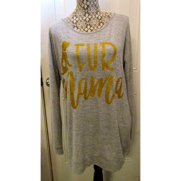 Simply Southern Top NWT Grey Fur Mama Pullover Long Sleeve Open Back Size L - Picture 2 of 11